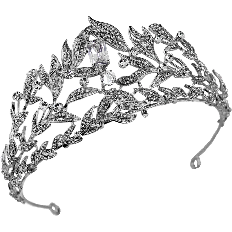 

Elegance Unique Zircon Rhinestones Brides Tiaras Crowns Silver Leaves Wedding Accessories Royal Queen Evening Party Hair Jewelry