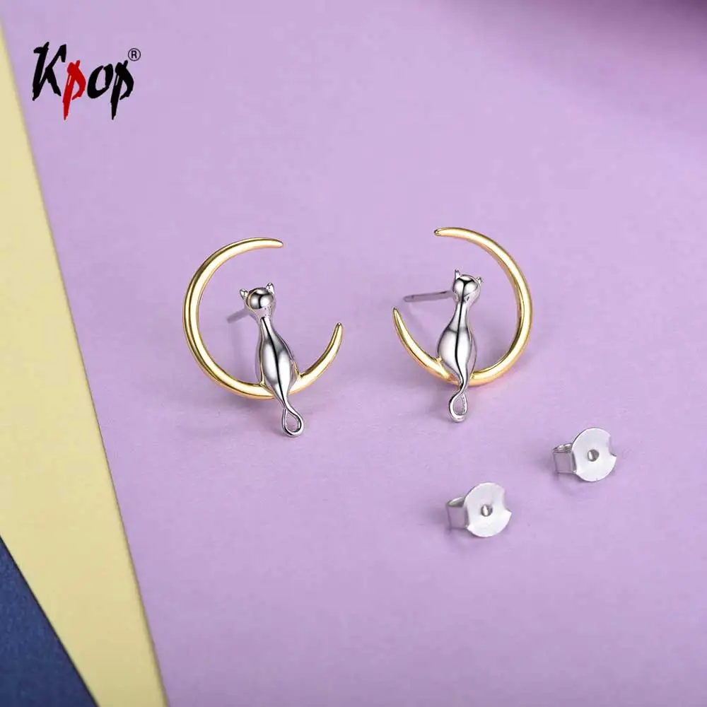 

Kpop Cute Cat on the Moon Earrings Genuine 925 Sterling Silver Ear Studs Valentines Day Gift E6010