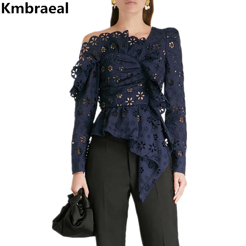 Blusas Mujer Self Portrait кружевная блузка взлетно-посадочной полосы Для женщин пикантные с открытыми плечами с длинным рукавом нерегулярные блузки выдалбливают рубашка с оборками Топ - Цвет: Navy blue