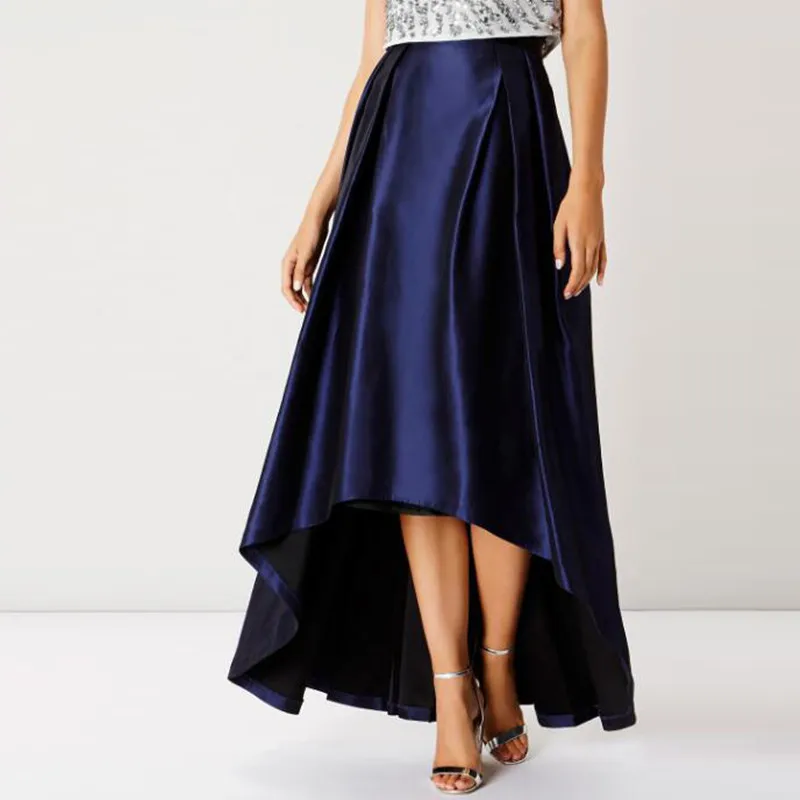 

Elegant High Low Party Skirt Zipper Waistline Satin Navy Blue Pleated Long Skirt Asymmetrical Custom Made Formal Skirt Prom Wear