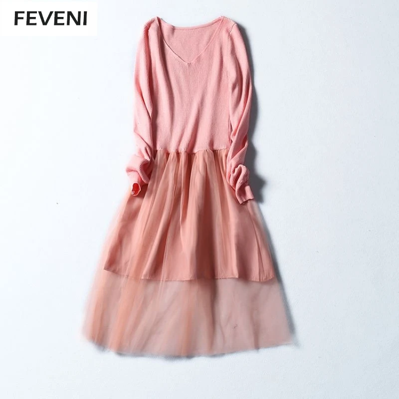 Осень зима 2017 вязанные свитера с длинными рукавами и сеткой платье женская новая