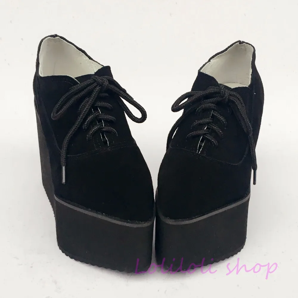 melhor Princesa Doce Lolita Sapatos Loliloli Yoyo Design Japonês Personalizado Preto Rendas Cunhas Rebanho Sapatos De Couro Genuíno 4174s