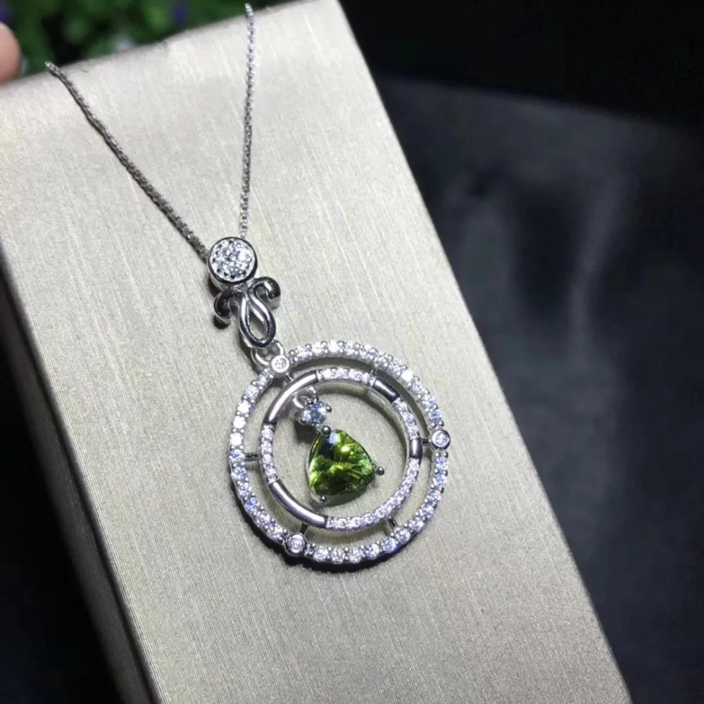 

Popular Double round Triangle natural green peridot Pendant natural olivine pendant necklace S925 silver girl party gift jewelry