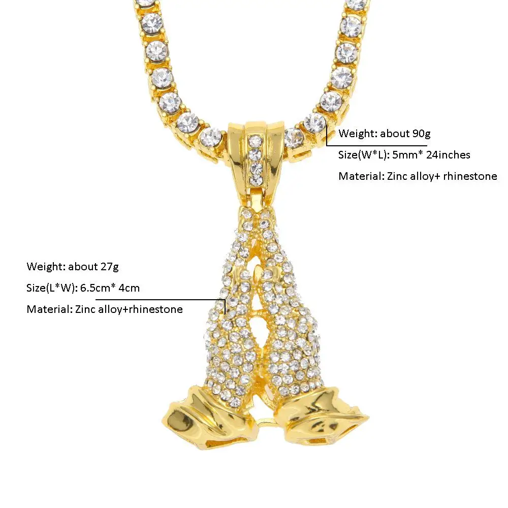 Хип-хоп ювелирные изделия Подарки Золотой Bling 1Row камень горный хрусталь Иисуса ожерелья, подвески женские мужские Молящиеся руки Будды цепи - Окраска металла: prayer 1 row gold