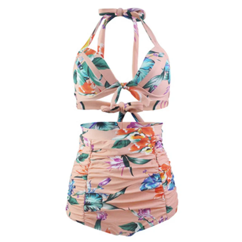 Розовый Высокая талия бикини с лентами цветочный принт Модный купальник