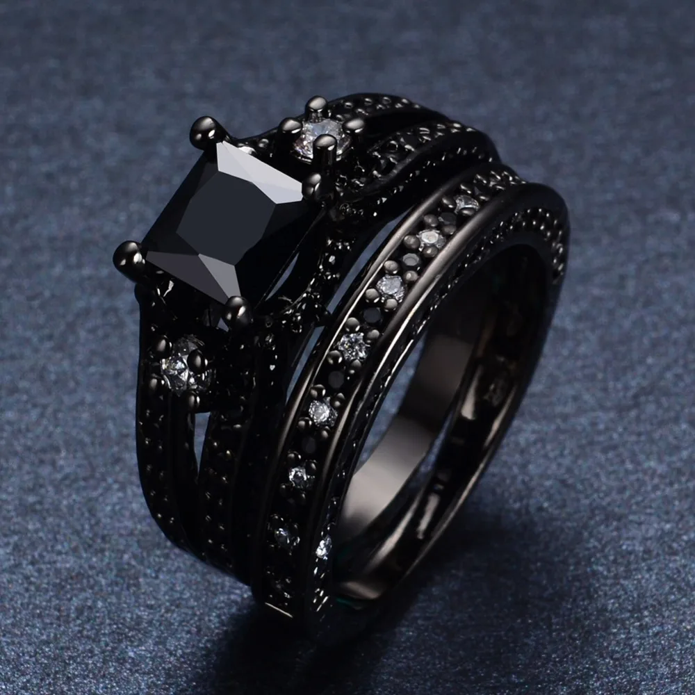 

JUNXIN Classical Style New Jewelry Princess Cut Black White CZ 10KT Black Gold Filled Women Wedding Ring Set RB0292