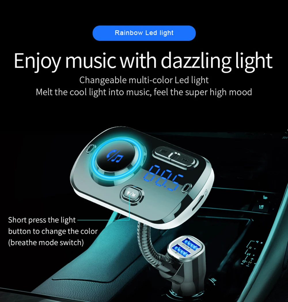 JINSERTA цветной светильник, Большой Цифровой Автомобильный Mp3 плеер, Bluetooth 5,0, fm-передатчик QC3.0, двойное зарядное устройство USB, поддержка AUX, TF карта