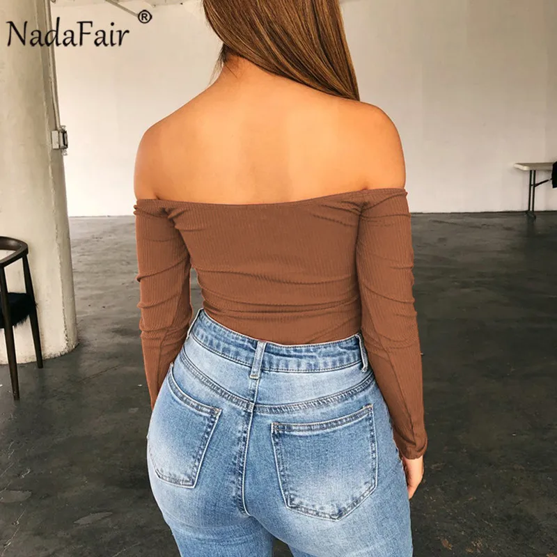 Nadafair сексуальный боди с длинным рукавом и открытыми плечами Женский вязаный край