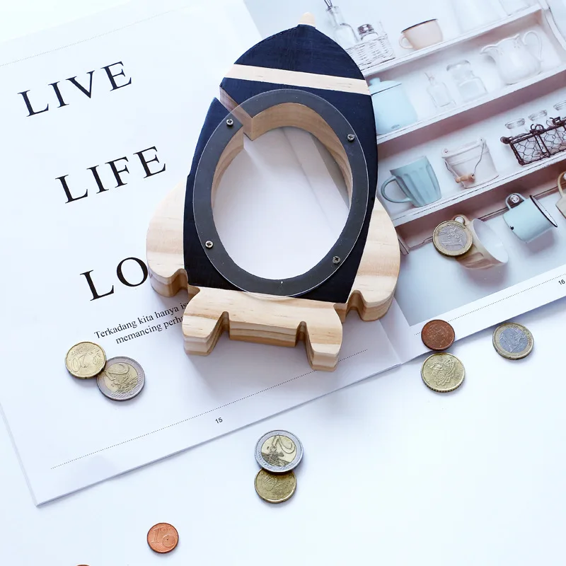 D Ins Nordic baby kids wood rocket Money Box original Wood Money Cans Toys Living Room Decor and kids birthday gift Piggy Bank