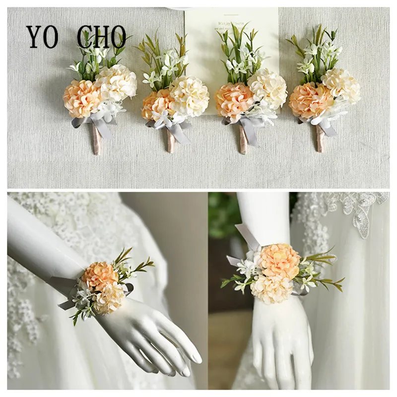 

YO CHO Fashion Elegant Champagne Wrist Corsage Flowers Groomsman Bridesmaid Sisters Corsage Flowers Wedding Dancing Party Decor