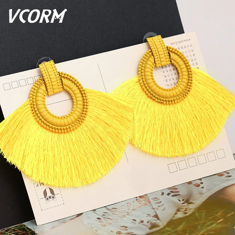 Yellow 1 VCORM богемные большие висячие серьги с кисточками для женщин модные ювелирные серьги Роскошные серьги с бахромой из хлопка и шелка - Окраска металла: Yellow 1