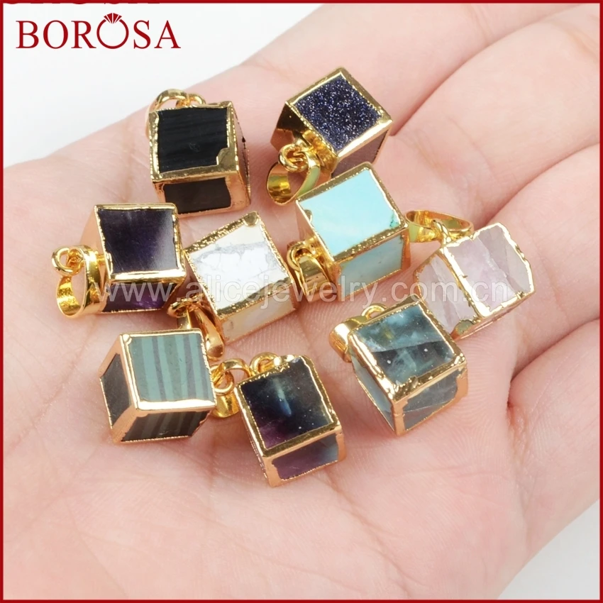 BOROSA multi kind камень куб Золотая подвеска с окаймлением Druzy натуральный Ювелирный