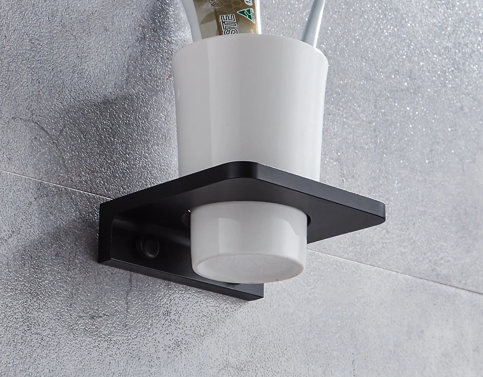 MTTUZK Matt Black Toothbrush Holder Wall Mounted Toothbrush Cup Holder Solid space aluminum Shelves With Single Ceramics Cup Set