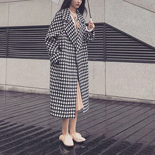 Черное белое шерстяное пальто Новинка 2018 осеннее женское повседневное длинное с