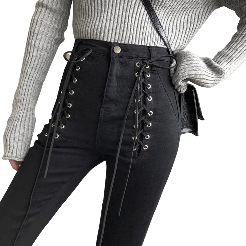 

Jeans Women Fashion Lace-Up Zip Ankle-length Pants 2019 New High Waist Slim Black Pencil Pants for Female