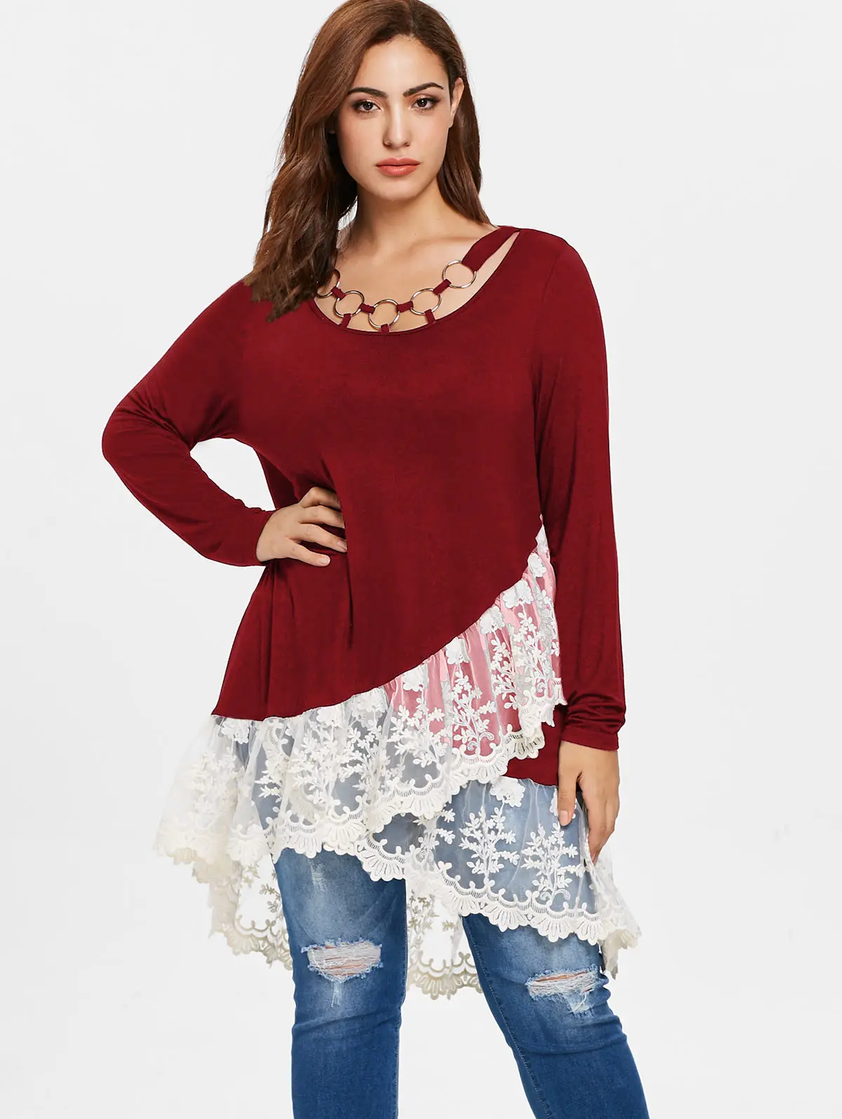 ROSEGAL Plus Size Lace Trim Layered Tunic T-Shirt Autumn O Neck Long Sleeve Ladies Tops Casual T Shirt 2019 Women Clothing | Женская
