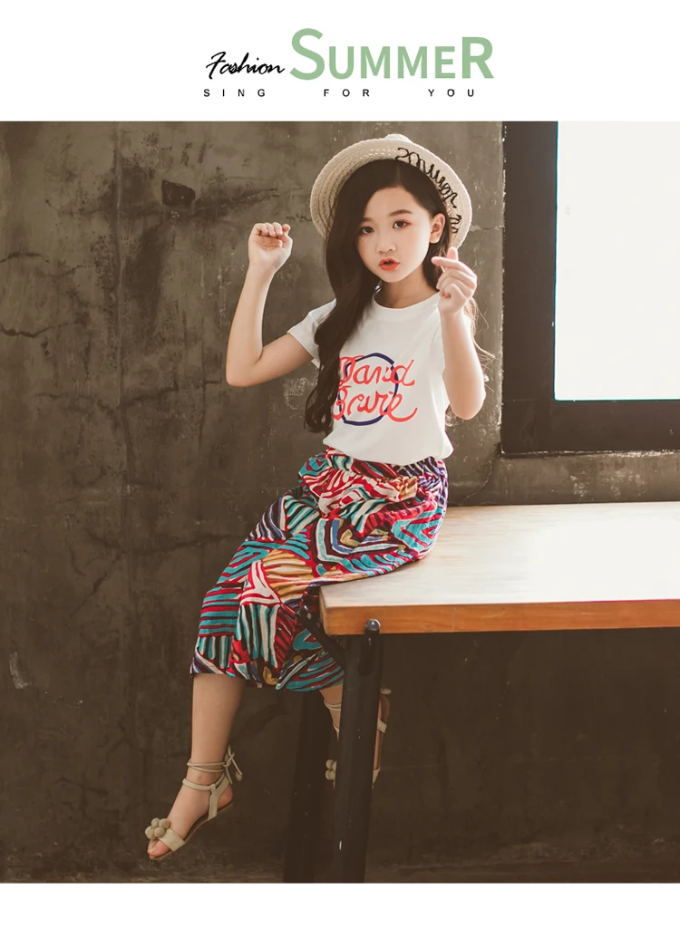 2019 летний комплект одежды для девочек подростков белый топ + широкие штаны из 2