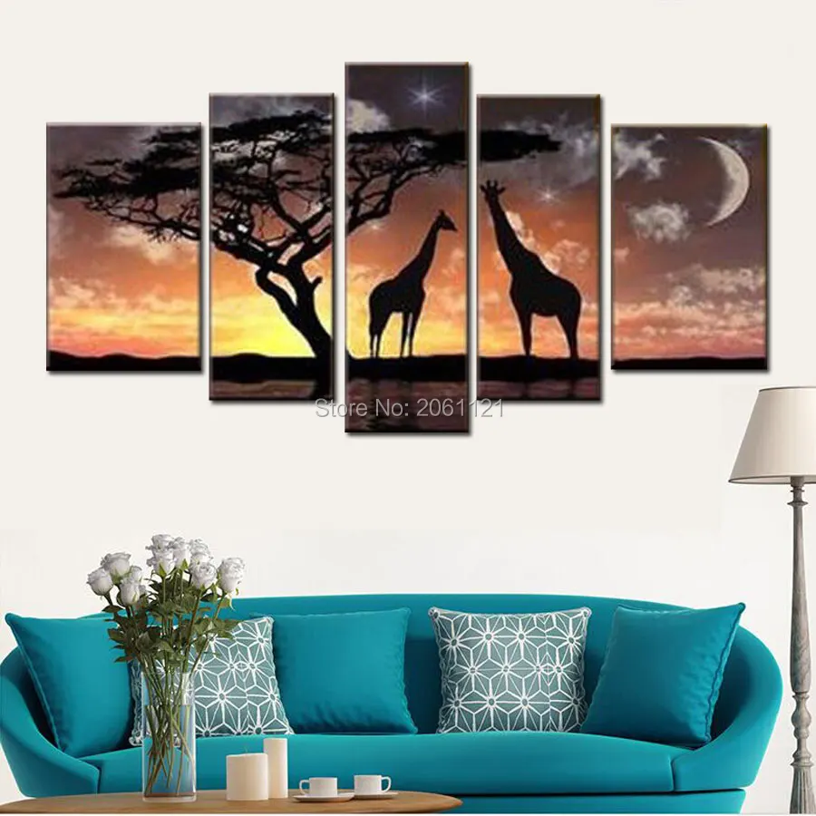 

100% Hand Painted 5pcs home decorative wall painting african starry night scenery Landscape Canvas Oil Painting gifts