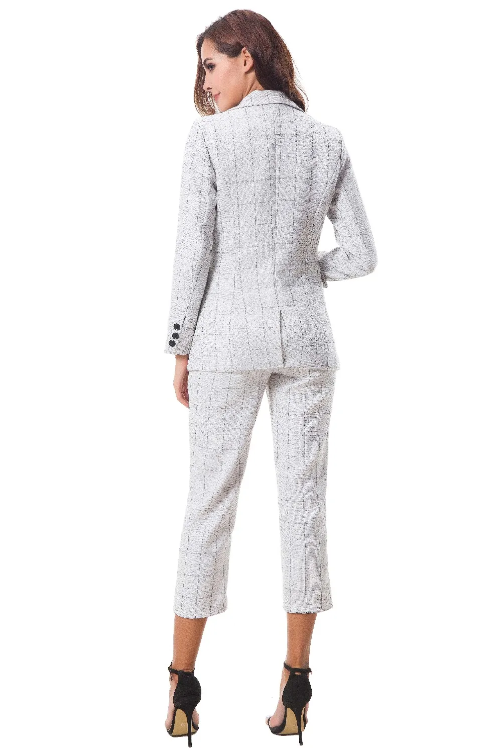 Женский офисный костюм из двух предметов белый клетчатый двубортный деловой в