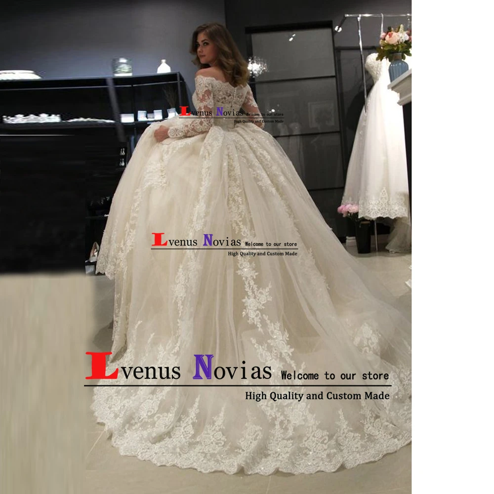 Vestido novia, винтажное бальное платье с вырезом лодочкой, свадебные платья, свадебное платье для невесты, роскошное кружевное свадебное платье с бусинами и длинным рукавом
