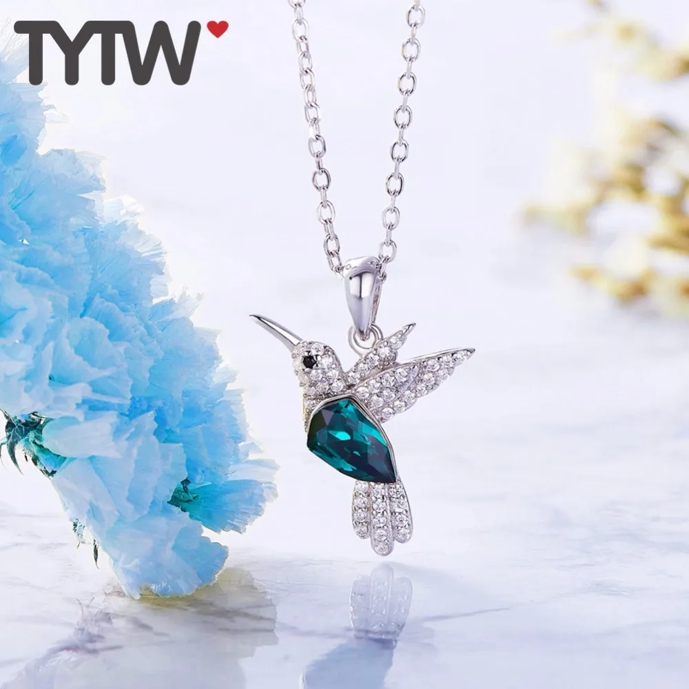 TYTW Crystals from Austrian S925 Sterling Silver Necklace Bird Green Rhinestone Pendant for Women Girls Anniversary Party Gifts | Украшения