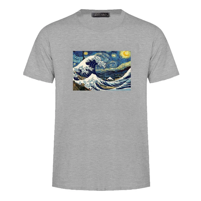 Мужская футболка с принтом "Great wave off kanagawa", Ретро стиль, короткий рукав, тонкие топы, звездная ночь, забавный мультфильм, Harajuku, Мужская футболка, S5MC69