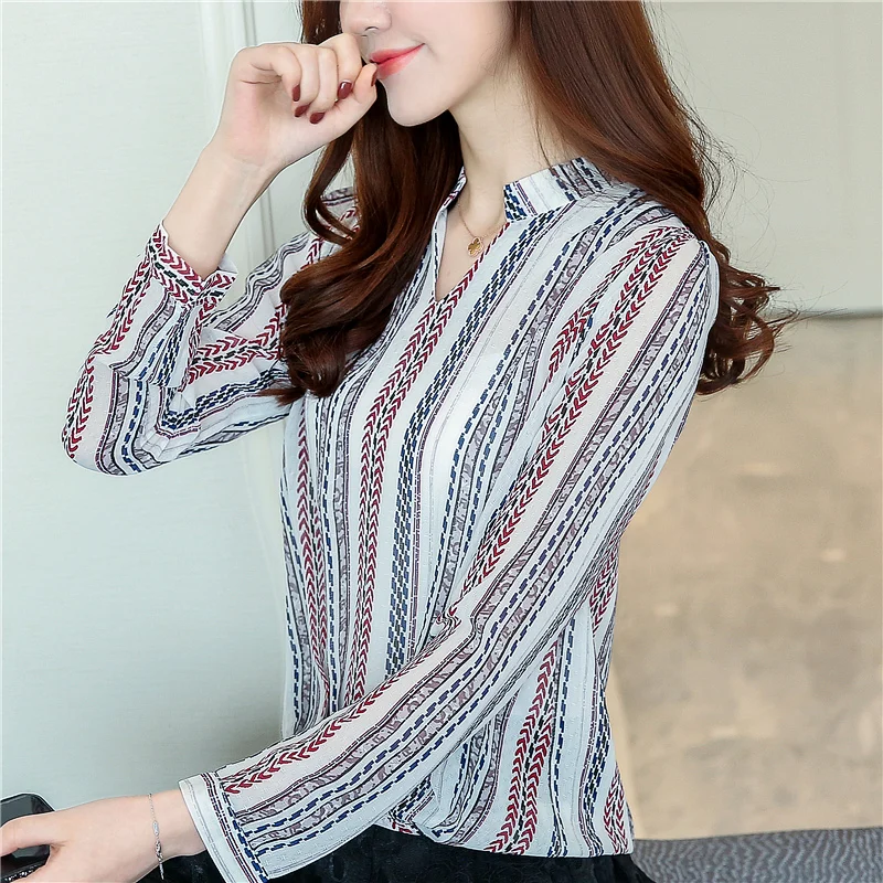 2019 Новая Осенняя женская шифоновая блузка высокого качества в Корейском стиле с v