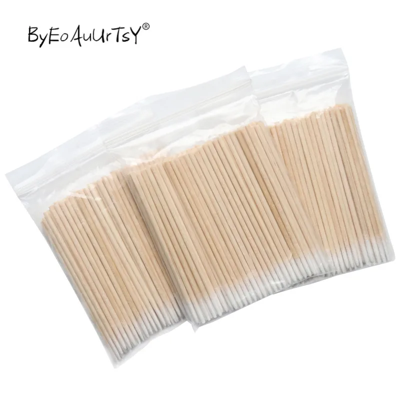100pcs Одноразовые ультра-маленький ватный тампон Безворсовая Ткань микро кисти Деревянная ватные палочки тампоны для удаления клея, инструменты для наращивания ресниц - Color: 100pcs