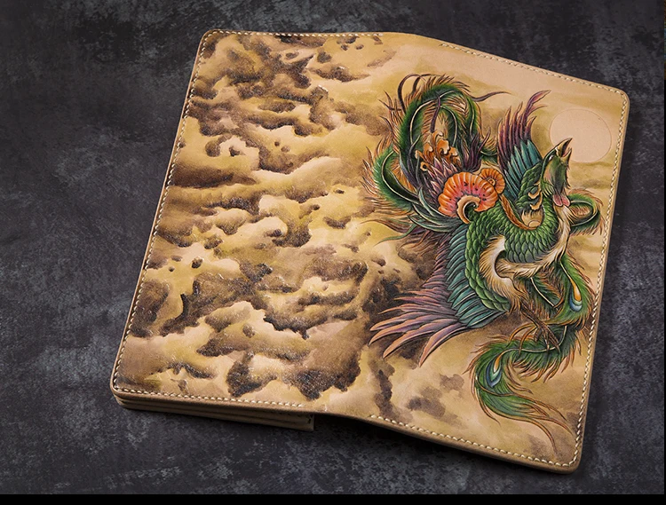 

High-end Handmade Wallets Carving Phoenix Purses Men Long Clutch Vegetable Tanned Leather Wallet Card Holder