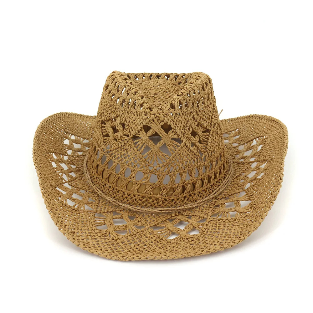 

Summer Men Handmake Raffia Hollow Cowboy Hat With Thin Rope Women Western Wide Curling Brim Cap Sun Protection Unisex Hats