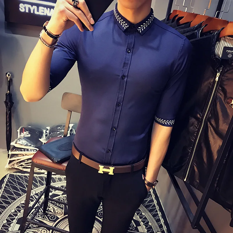 Мужская рубашка с вышитым воротником лето 2018 топ Chemise Homme Slim Fii KoreanCamisas De Hombre