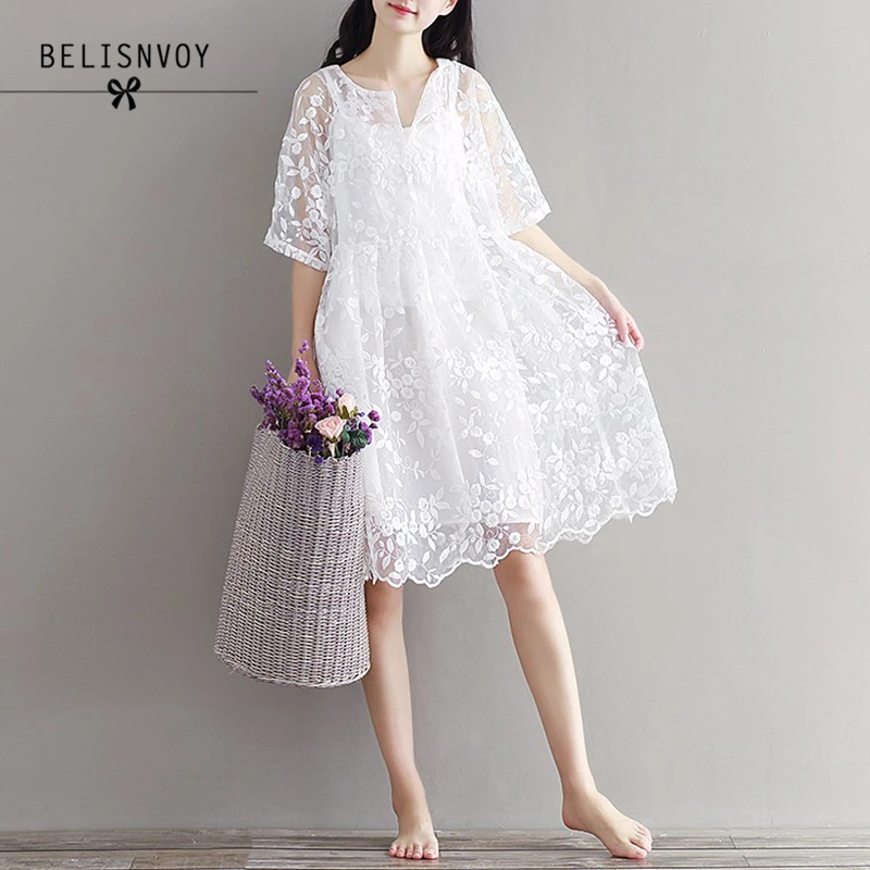 Платье женское шифоновое с вышивкой в стиле девушки Мори белое кружевное платье