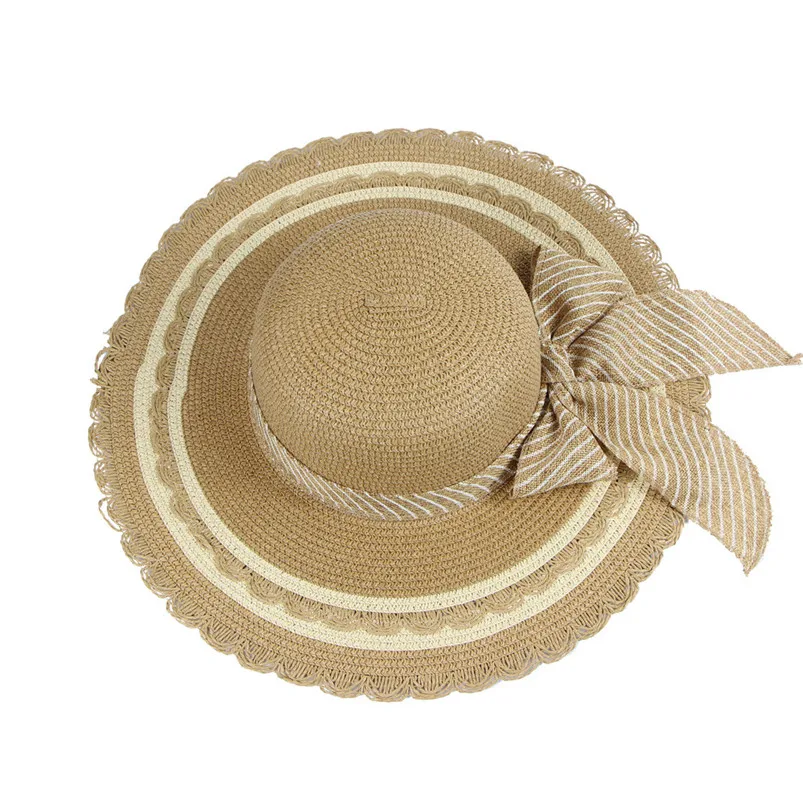 Женская соломенная шляпа с широкими полями и кружевным бантом на весну лето