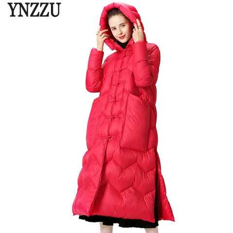 YNZZU, новинка, элегантный зимний женский пуховик, однотонный, раздельный, длинный, белый, гусиный пух, пальто, теплая Женская куртка с капюшоном, большие карманы, O436 - Цвет: Красный