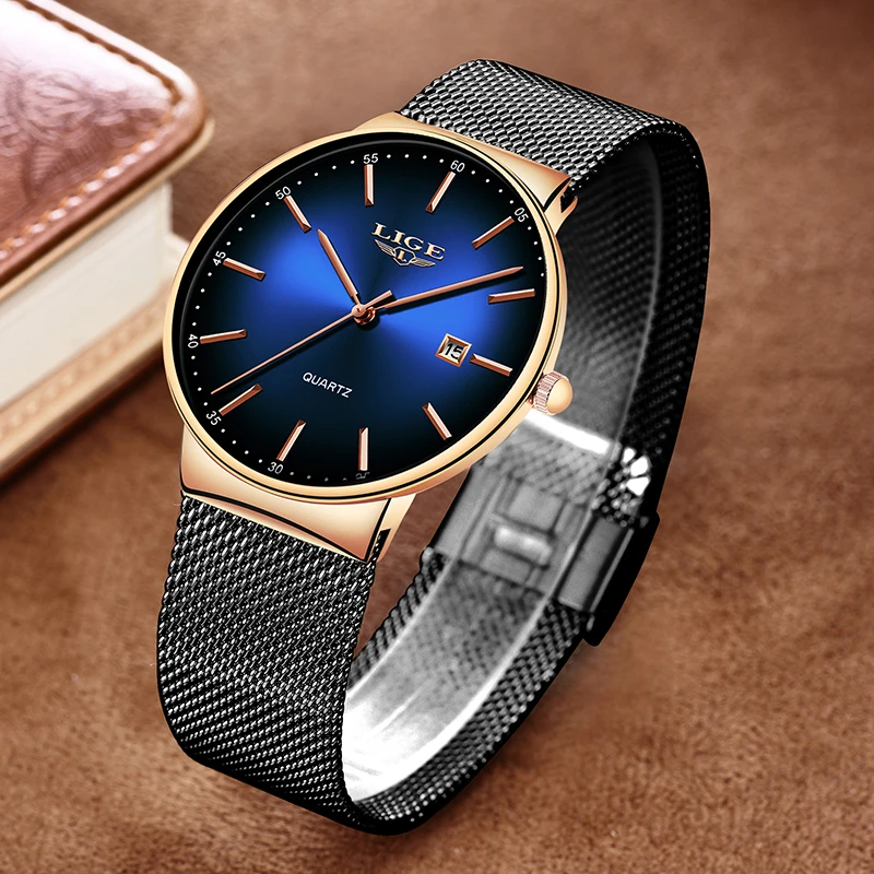Часы наручные LIGE Мужские кварцевые брендовые Роскошные повседневные модные