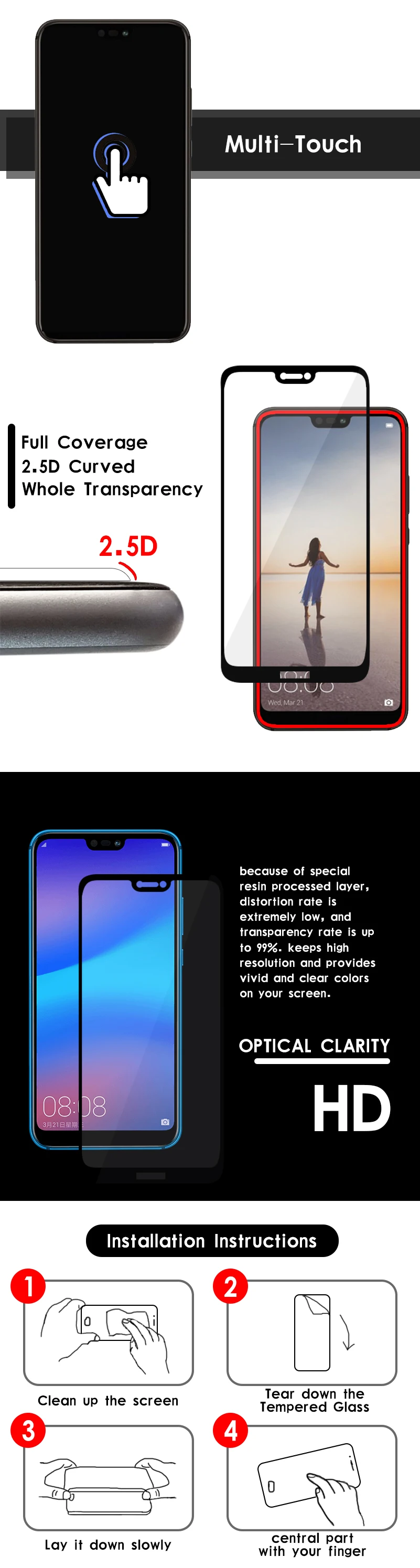 9H Настоящее 5D изогнутое полное покрытие стекло для huawei P20 Lite Закаленное стекло Защитная пленка для экрана для huawei P20 Lite