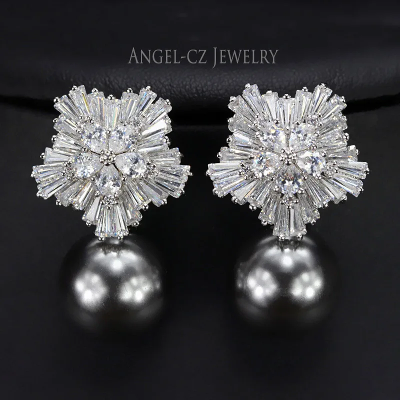 Grey ANGELCZ, для рождественской вечеринки, дизайнерские, полностью микро, Роскошные, кубическая циркониевая Снежинка, серьги-гвоздики с жемчугом, Женские Ювелирные изделия, AE120 - Окраска металла: Grey