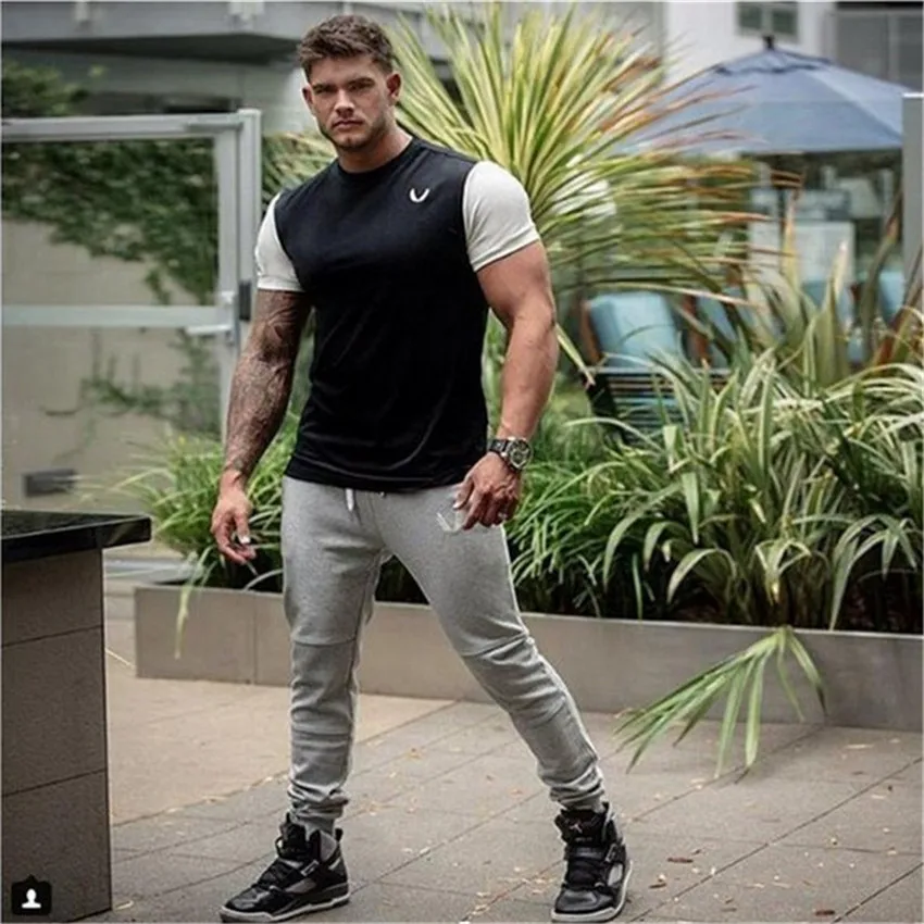 Men's sports new fitness fashion trend cotton stretch breathable slim short-sleeved T-shirt | Спорт и развлечения