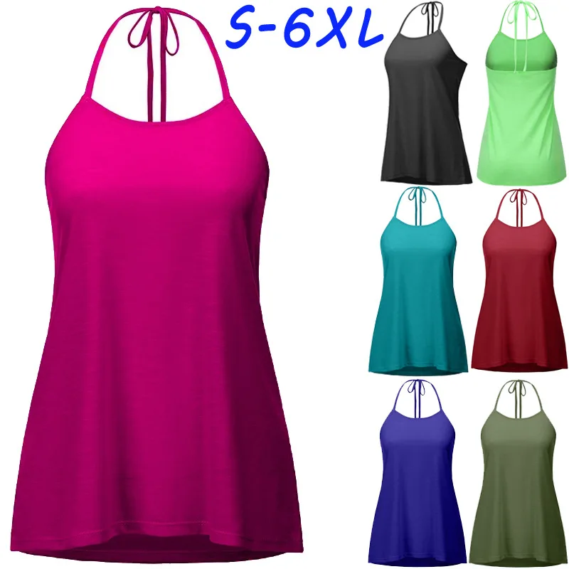 Летняя новая женская простая однотонное на лямке футболка повседневная с шейным