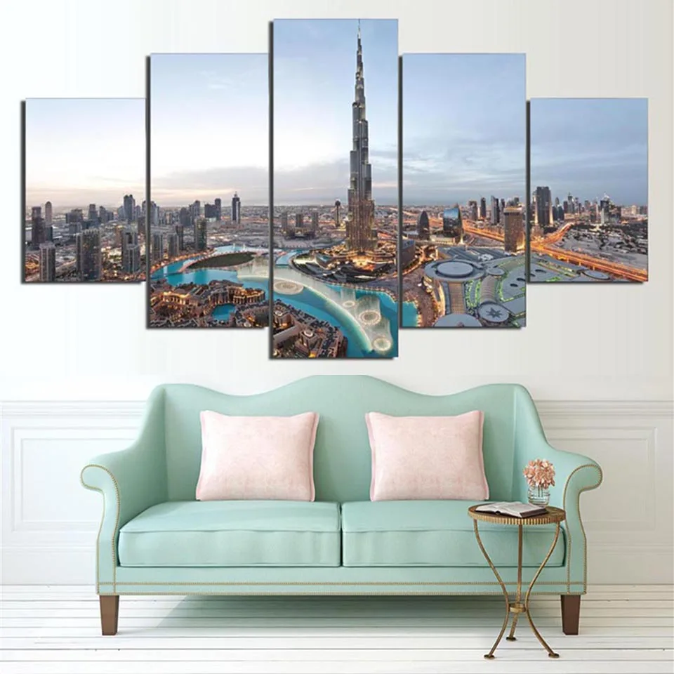 HD Printed Painting Home Decor 5 Panel Dubai Building City Landscape Modern Living Room Wall Art Posters Frame Modular Pictures | Дом и сад