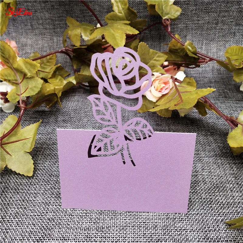 LightPurple 10/50/100PCS rose Shape Table Name Place Cards Wedding Christmas Birthday Party Invition Cards Table Decoration Favor 12X9cm 9Z - Цвет: LightPurple