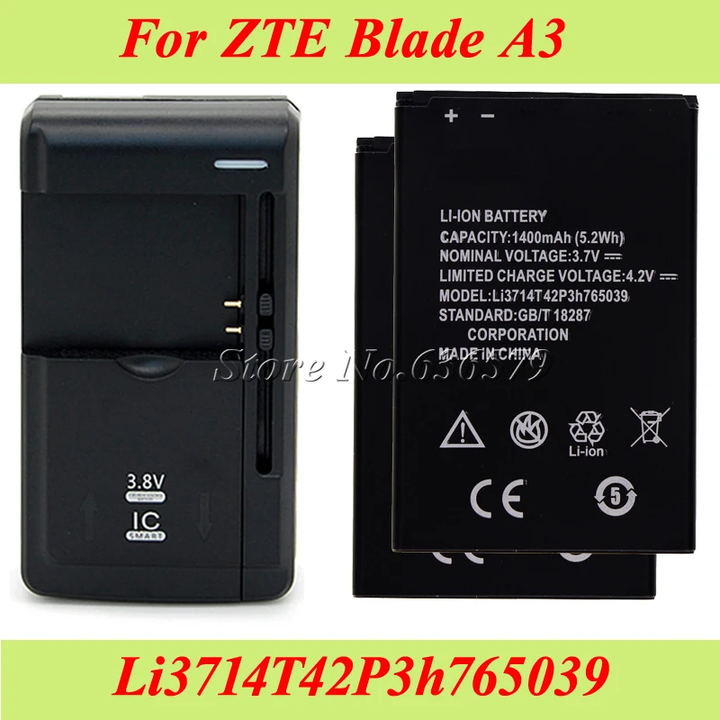 

1LOT=2PCS 1400mAh Li3714T42P3h765039 Battery For ZTE Blade A3 T220 AF3 T221 A5 AF5 Bateria Accumulator+1PC Universal Charger
