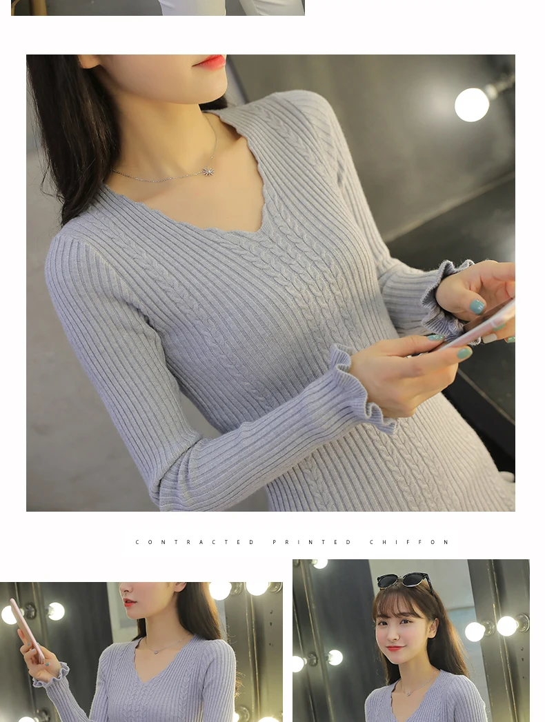 Jersey mujer invierno,, Осень-зима, вязаные женские топы, v-образный вырез, длинный рукав, с оборками, одноцветные, женские свитера и пуловеры