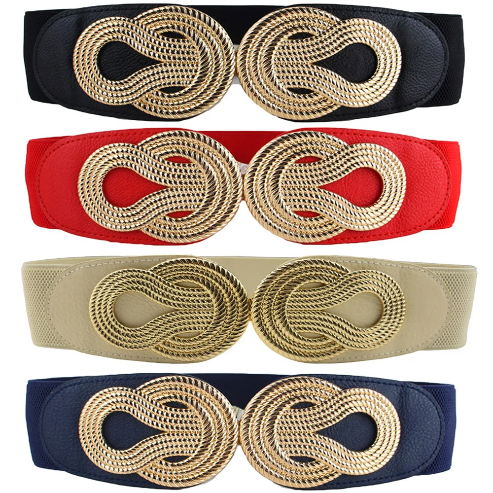 Women Vintage Chinese Knot Buckle Stretchy Belt Faux Leather Elastic Waist Band  BLTHG0353