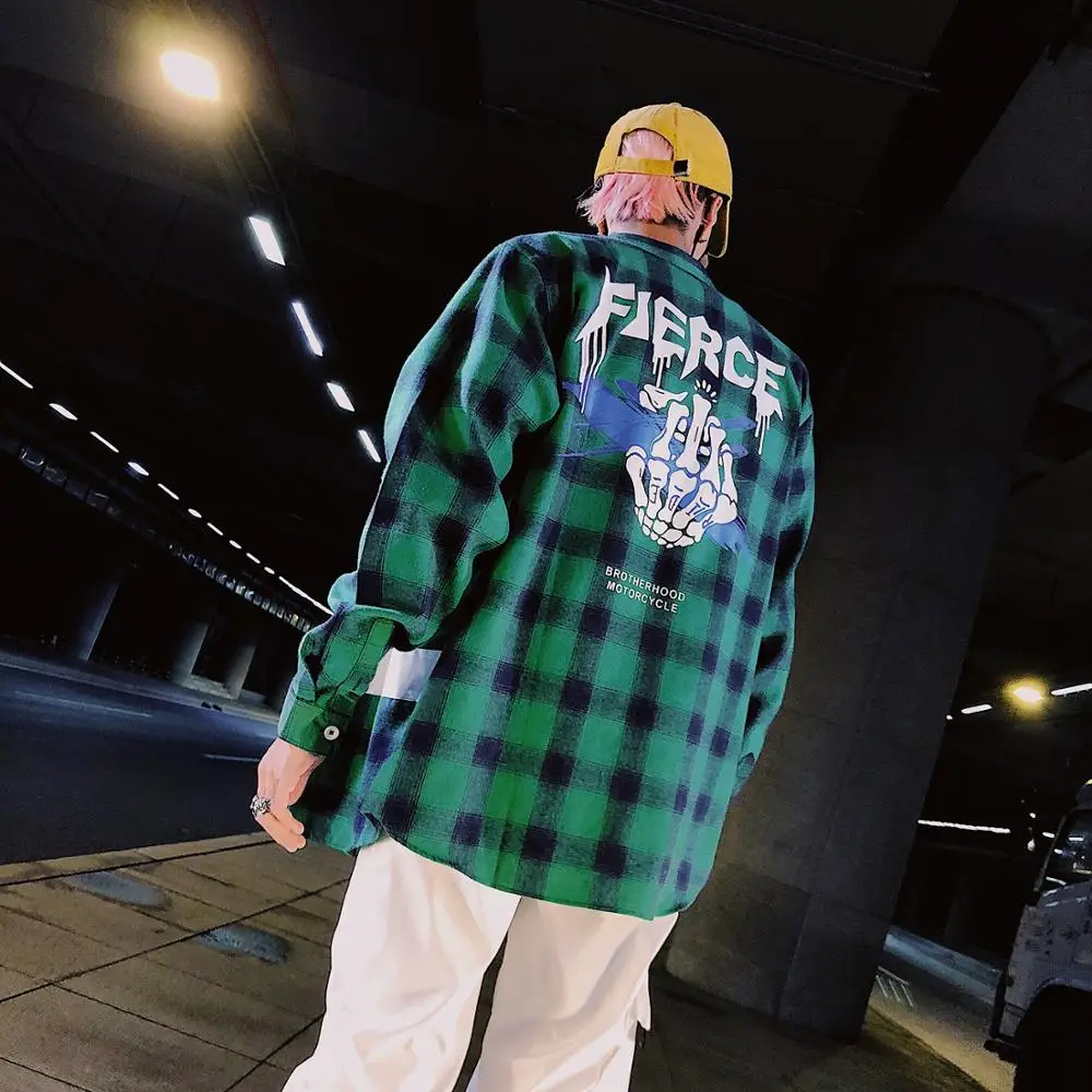 

New Harajuku Fashion Spring Autumn Casual Men Plaid Shirt Letters Patterns Printing Streetwear Long Sleeve Cotton Poyester Shirt