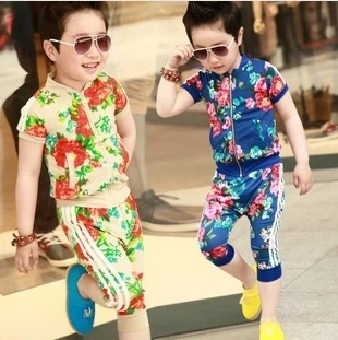 2014 new summer suits 5pcslot wholesale printing short sleeve jacket children sports baggy pants suit kids wear free shipping | Мать и