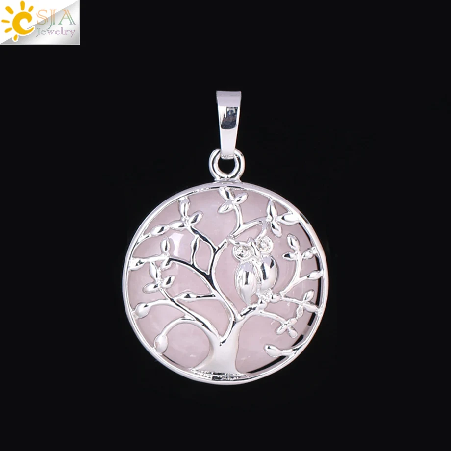 Rose Quartz CSJA Дерево жизни кулон ожерелье натуральный камень плоская бусина Сова на деревьях хрустальные бусины Подвески ручной работы рейки Шарм ювелирные изделия F337 - Окраска металла: Rose Quartz