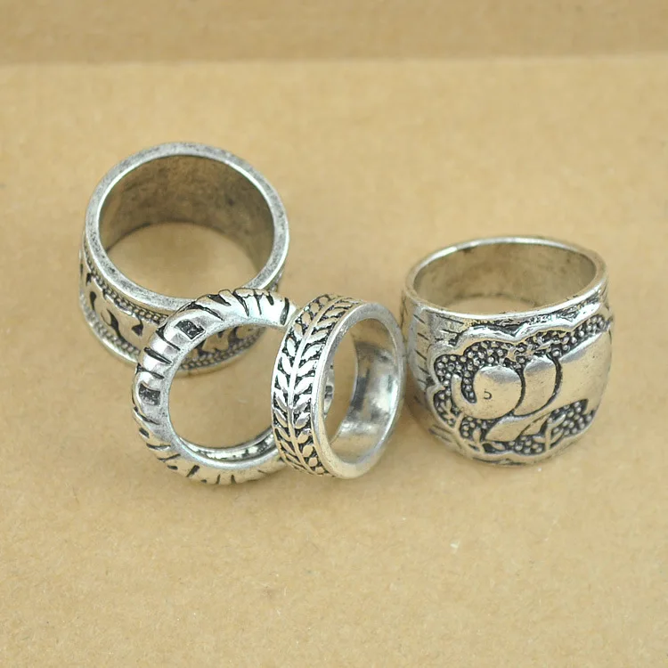 4pcs/Set Vintage Antique Silver Color Elephant Ring Set Ethnic Style Totem Leaf Lucky Rings for Women Boho Female Jewelry | Украшения и