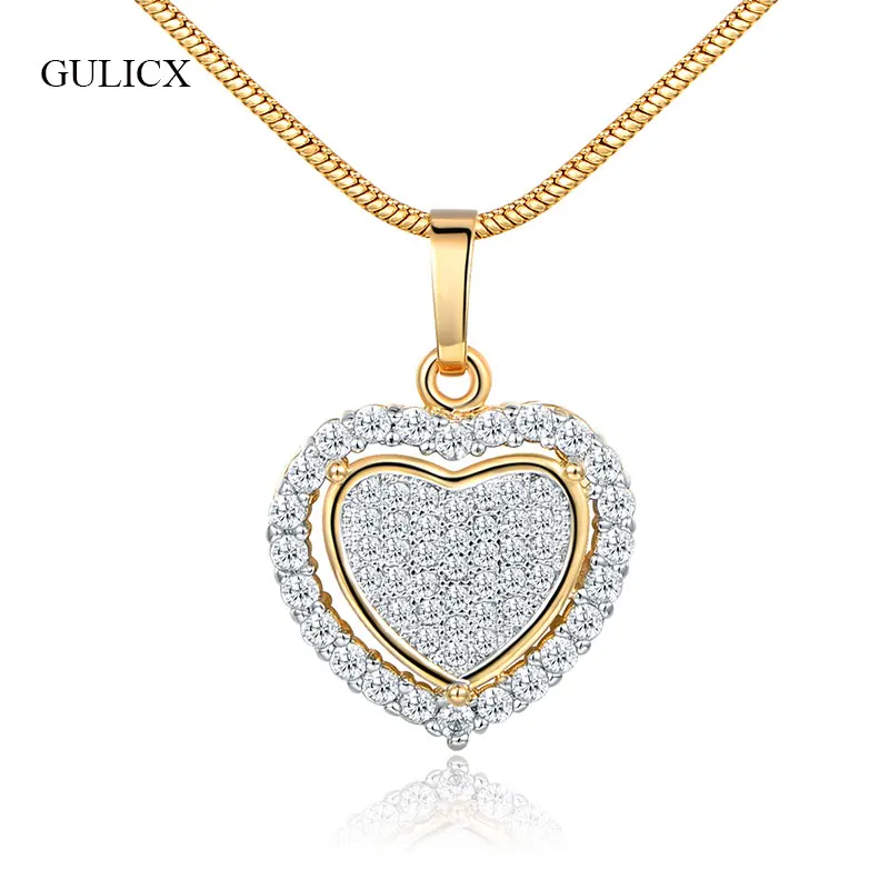 GULICX, модное Двойное сердце, любовь, для женщин, горка, подвески, ожерелья, CZ Циркон, золотой цвет, объемное сердце, подвеска, бижутерия, ювелирное изделие P059