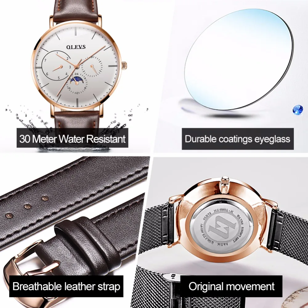 OLEVS ультра-тонкие мужские часы кожаные кварцевые с Лунной фазой роскошные